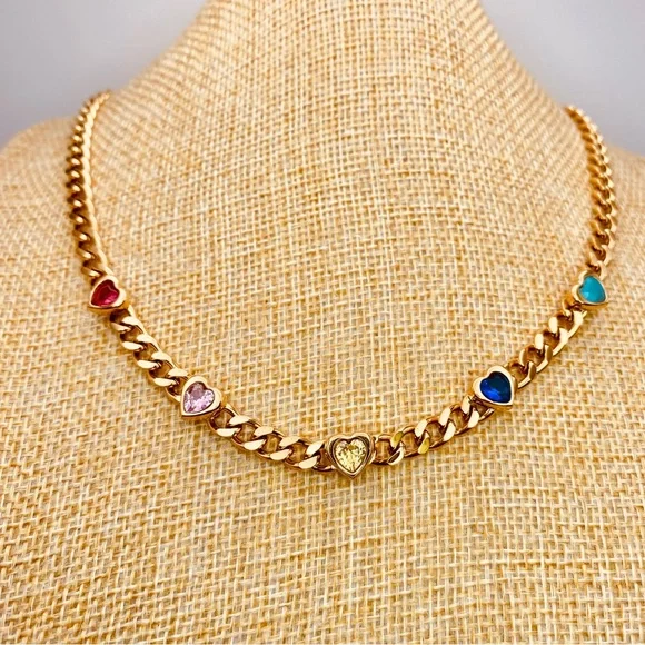 Fabulous Cuban Link Studded Colorful Hearts CZ Necklace in Gold - Picture 2 of 9